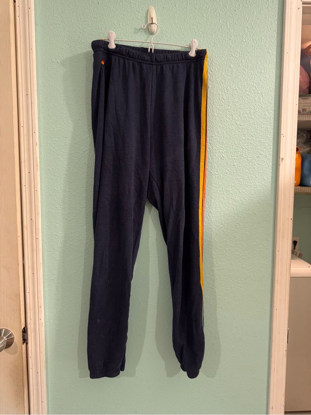 Aviator Nation 5 Striped Navy Joggers with Yellow & Orange Side Stripes